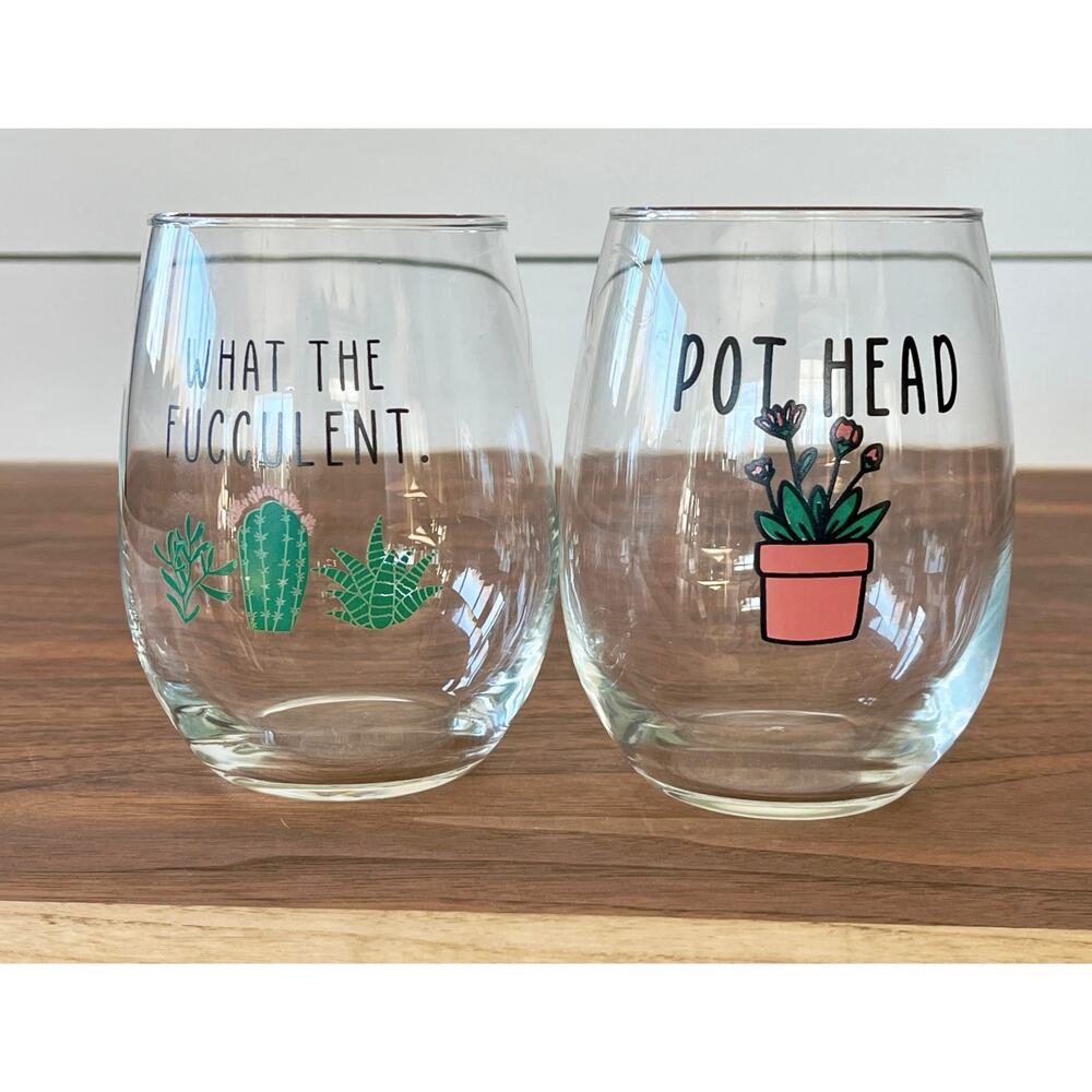 2 Funny Stemless Wine Glasses: Plant Lover Gift Set-What the Fucculent/Pot Head